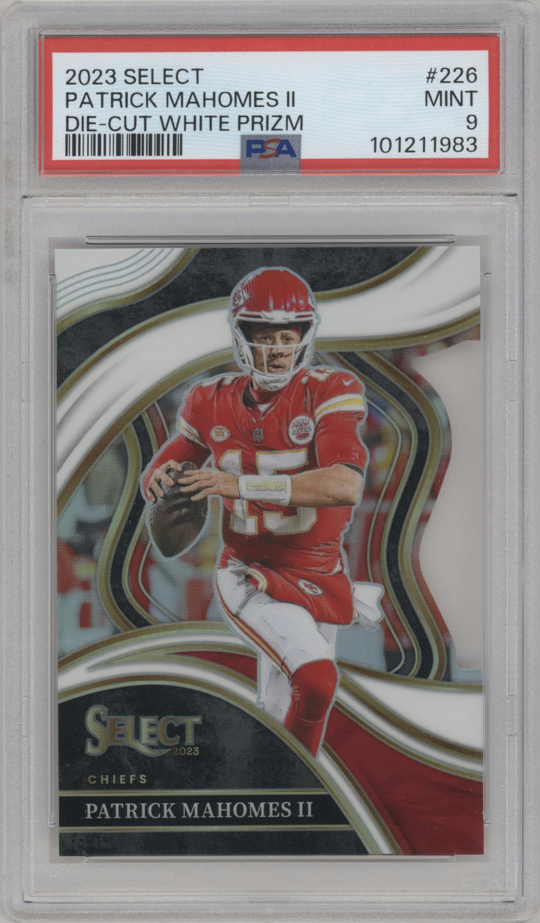 Patrick Mahomes II from the 2023 Panini Select set featuring a Die-Cut White parallel graded by PSA and given an overall grade of 9.