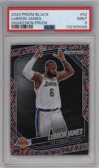 LeBron James from the 2024-25 Panini Prizm Black set featuring a Snakeskin Prizm parallel graded by PSA and given an overall grade of 9.