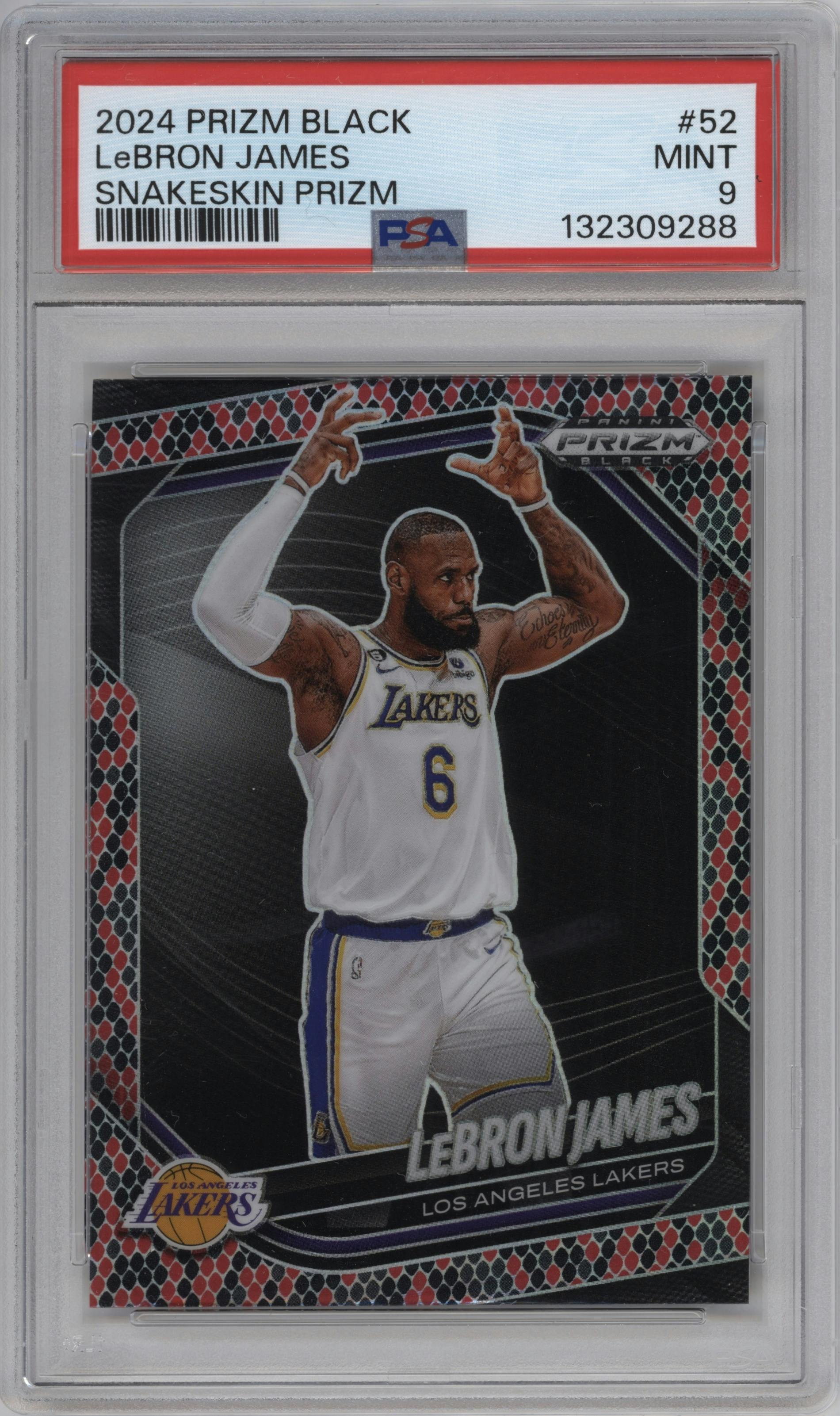 LeBron James from the 2024-25 Panini Prizm Black set featuring a Snakeskin Prizm parallel graded by PSA and given an overall grade of 9.