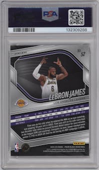 LeBron James from the 2024-25 Panini Prizm Black set featuring a Snakeskin Prizm parallel graded by PSA and given an overall grade of 9.