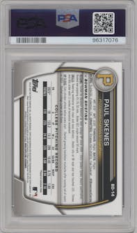 Paul Skenes from the 2023 Bowman Draft set graded by PSA and given an overall grade of 10.