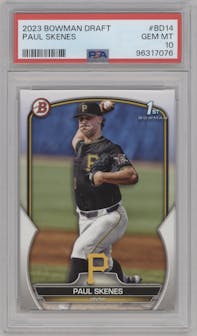Paul Skenes from the 2023 Bowman Draft set graded by PSA and given an overall grade of 10.