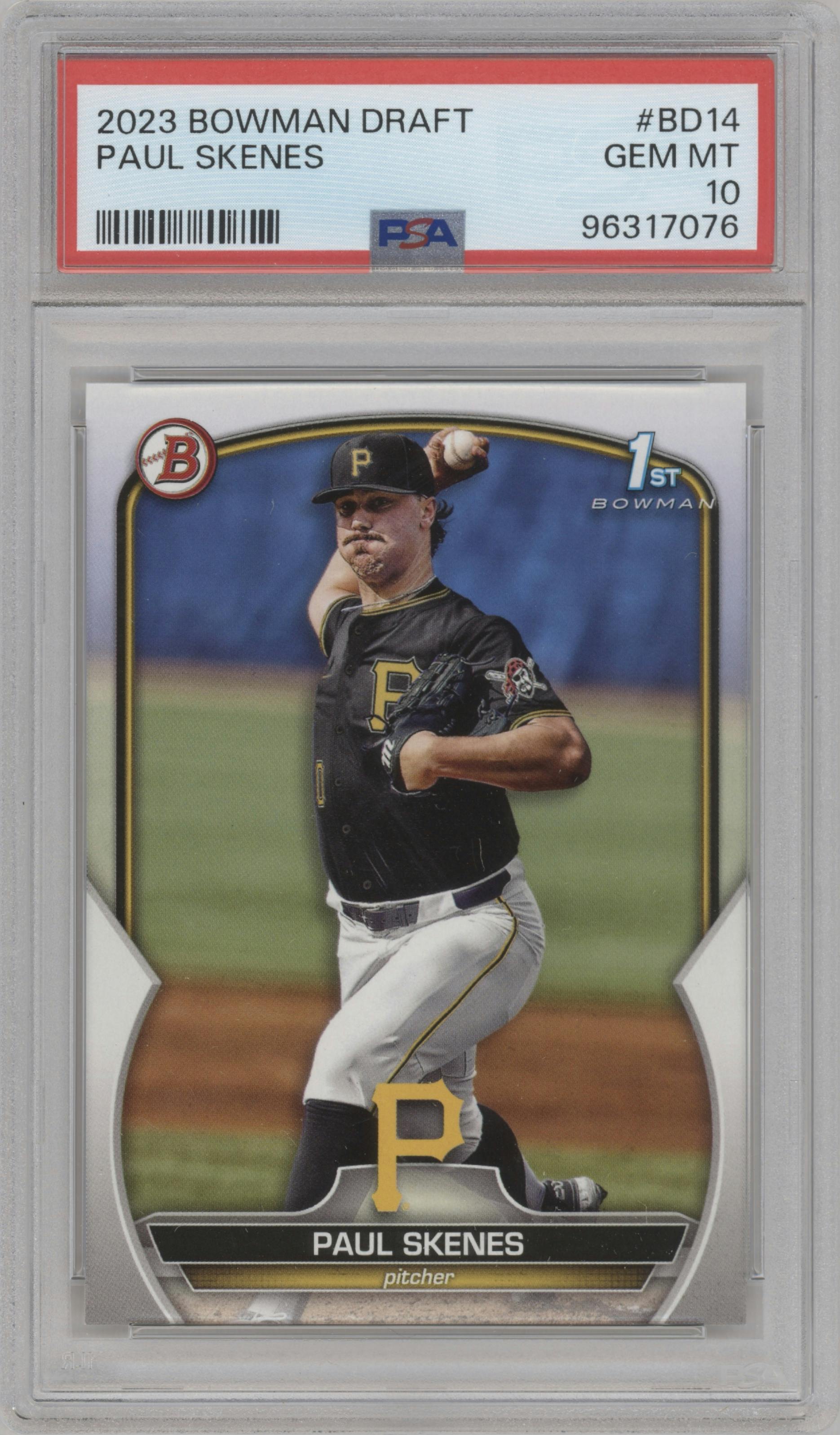 Paul Skenes from the 2023 Bowman Draft set graded by PSA and given an overall grade of 10.