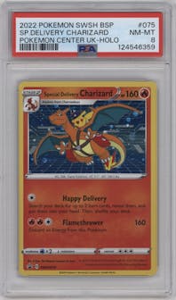 Special Delivery Charizard from the 2020 Pokemon SWSH set featuring a Pokemon Center UK parallel graded by PSA and given an overall grade of 8.
