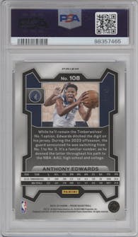 Anthony Edwards from the 2023-24 Panini Prizm set featuring a White Ice Prizm parallel graded by PSA and given an overall grade of 10.
