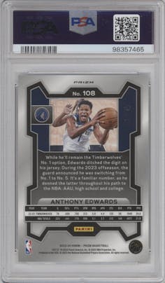 Anthony Edwards from the 2023-24 Panini Prizm set featuring a White Ice Prizm parallel graded by PSA and given an overall grade of 10.