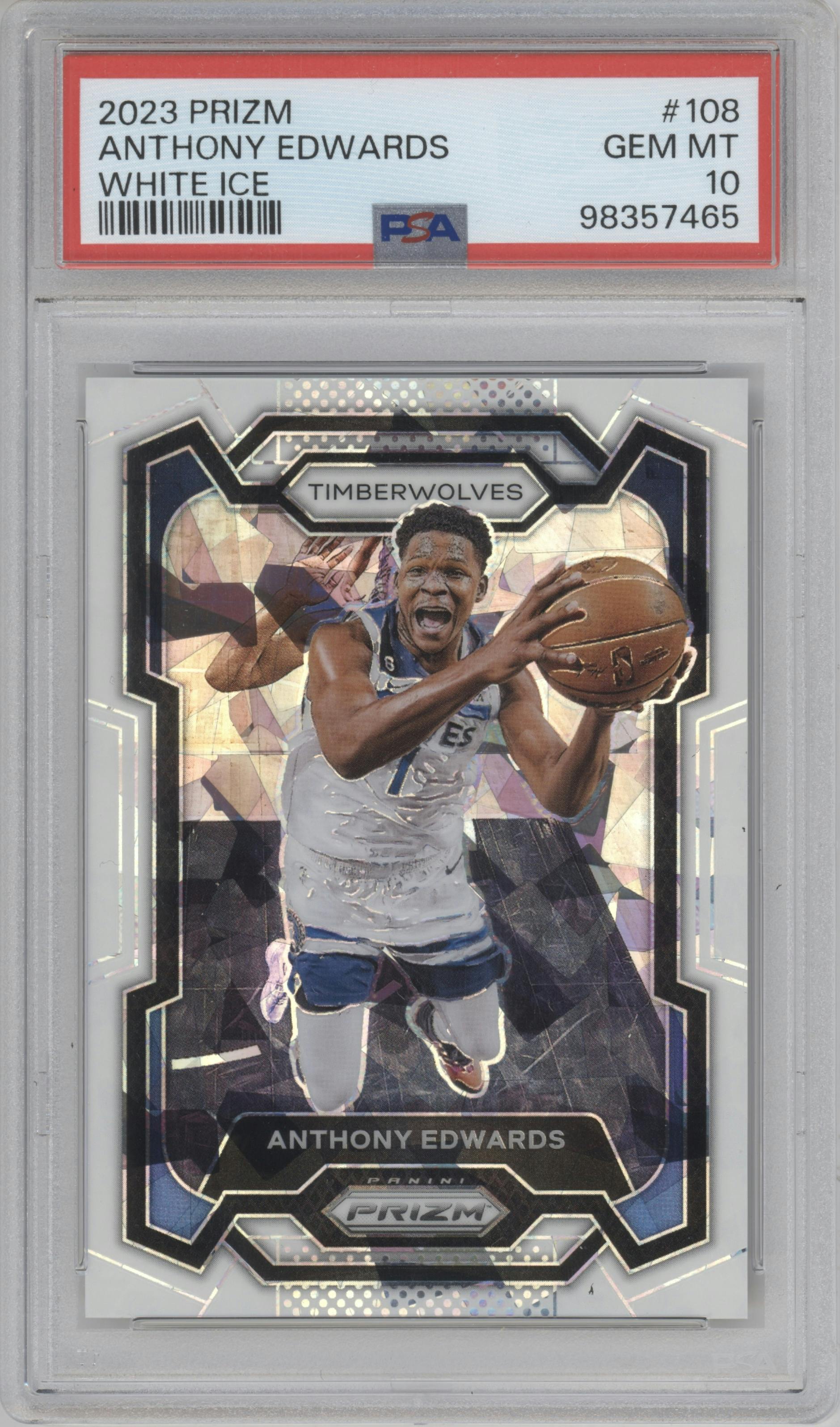 Anthony Edwards from the 2023-24 Panini Prizm set featuring a White Ice Prizm parallel graded by PSA and given an overall grade of 10.