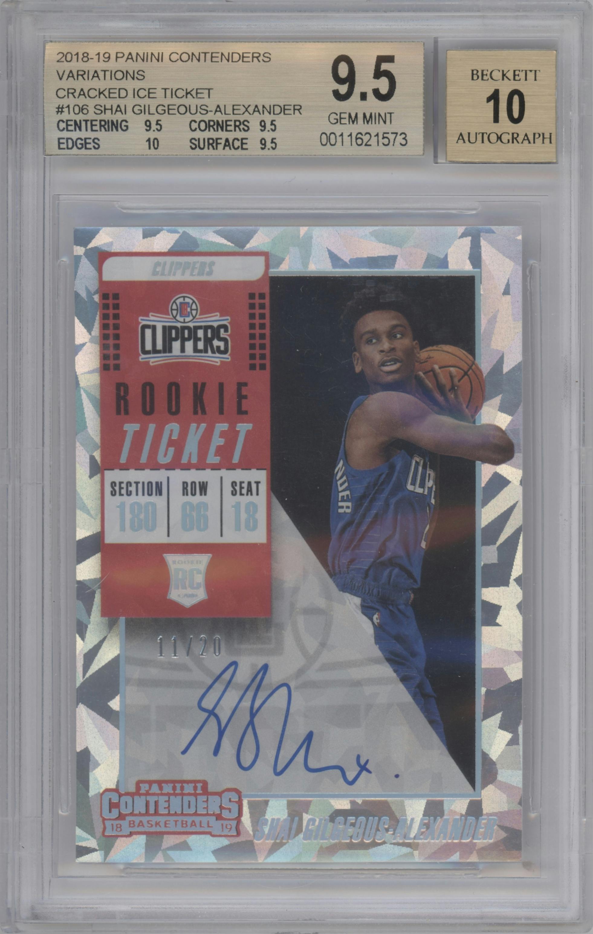 Shai Gilgeous-Alexander from the 2018-19 Panini Contenders set featuring a Ticket Cracked Ice parallel graded by Beckett and given an overall grade of 9.5.