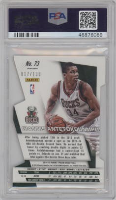 Giannis Antetokounmpo from the 2014-15 Panini Prizm set featuring a Die-Cut Orange parallel graded by PSA and given an overall grade of 9.