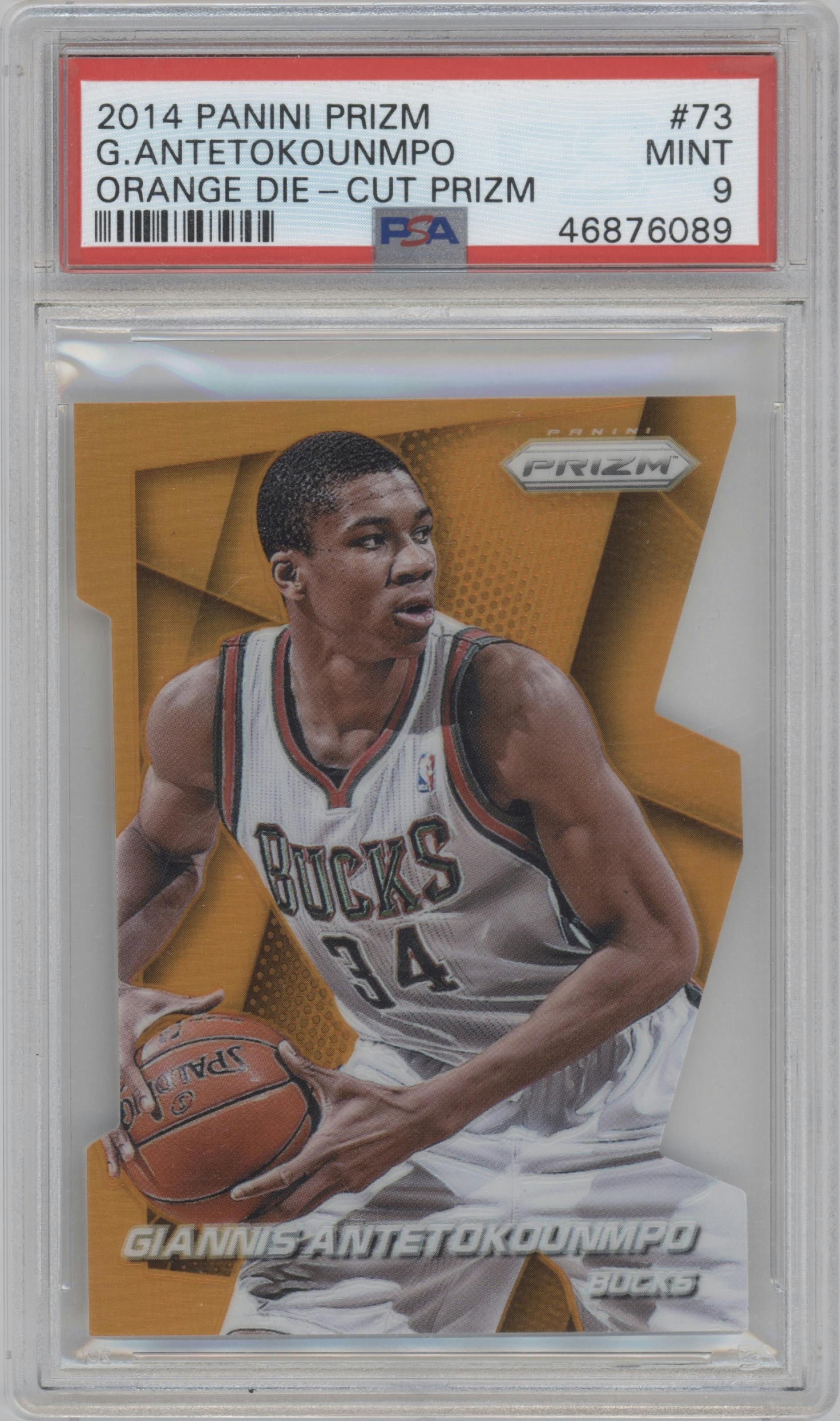 Giannis Antetokounmpo from the 2014-15 Panini Prizm set featuring a Die-Cut Orange parallel graded by PSA and given an overall grade of 9.