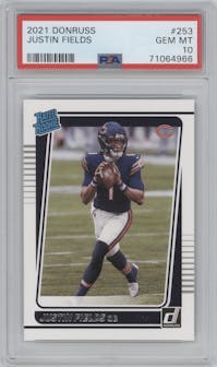 Justin Fields from the 2021 Panini Donruss set graded by PSA and given an overall grade of 10.