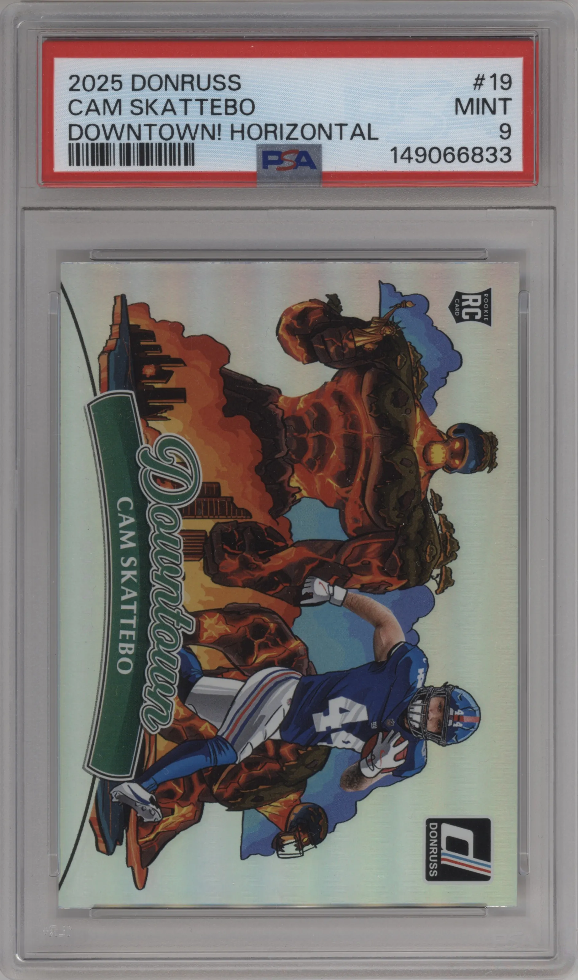 Cam Skattebo from the 2025 Panini Donruss set graded by PSA and given an overall grade of 9.