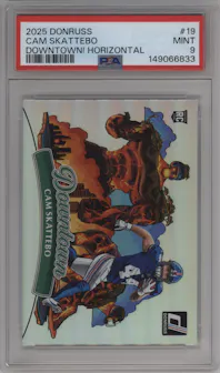 Cam Skattebo from the 2025 Panini Donruss set graded by PSA and given an overall grade of 9.