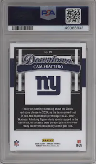 Cam Skattebo from the 2025 Panini Donruss set graded by PSA and given an overall grade of 9.