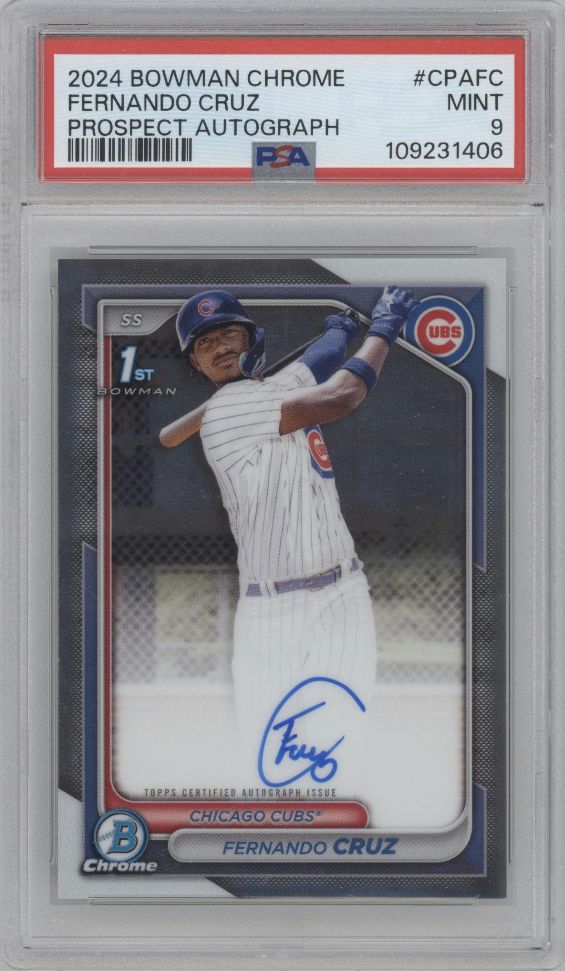 Fernando Cruz from the 2024 Bowman Chrome set graded by PSA and given an overall grade of 9.