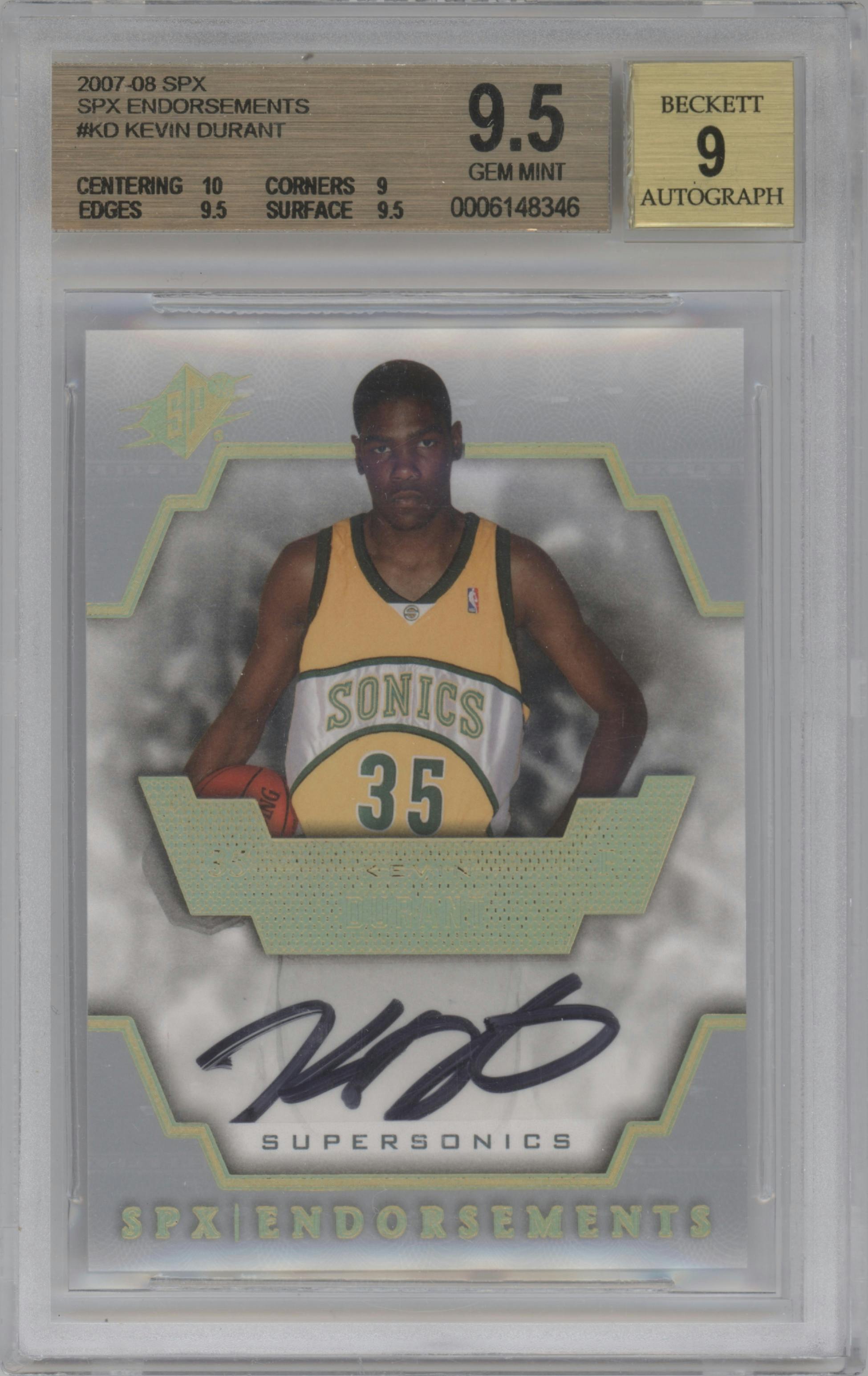 Kevin Durant from the 2007-08 SPx set graded by Beckett and given an overall grade of 9.5.