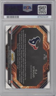 C.J. Stroud from the 2023 Panini Prizm set featuring a Green Wave parallel graded by PSA and given an overall grade of 8.