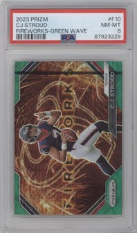 C.J. Stroud from the 2023 Panini Prizm set featuring a Green Wave parallel graded by PSA and given an overall grade of 8.