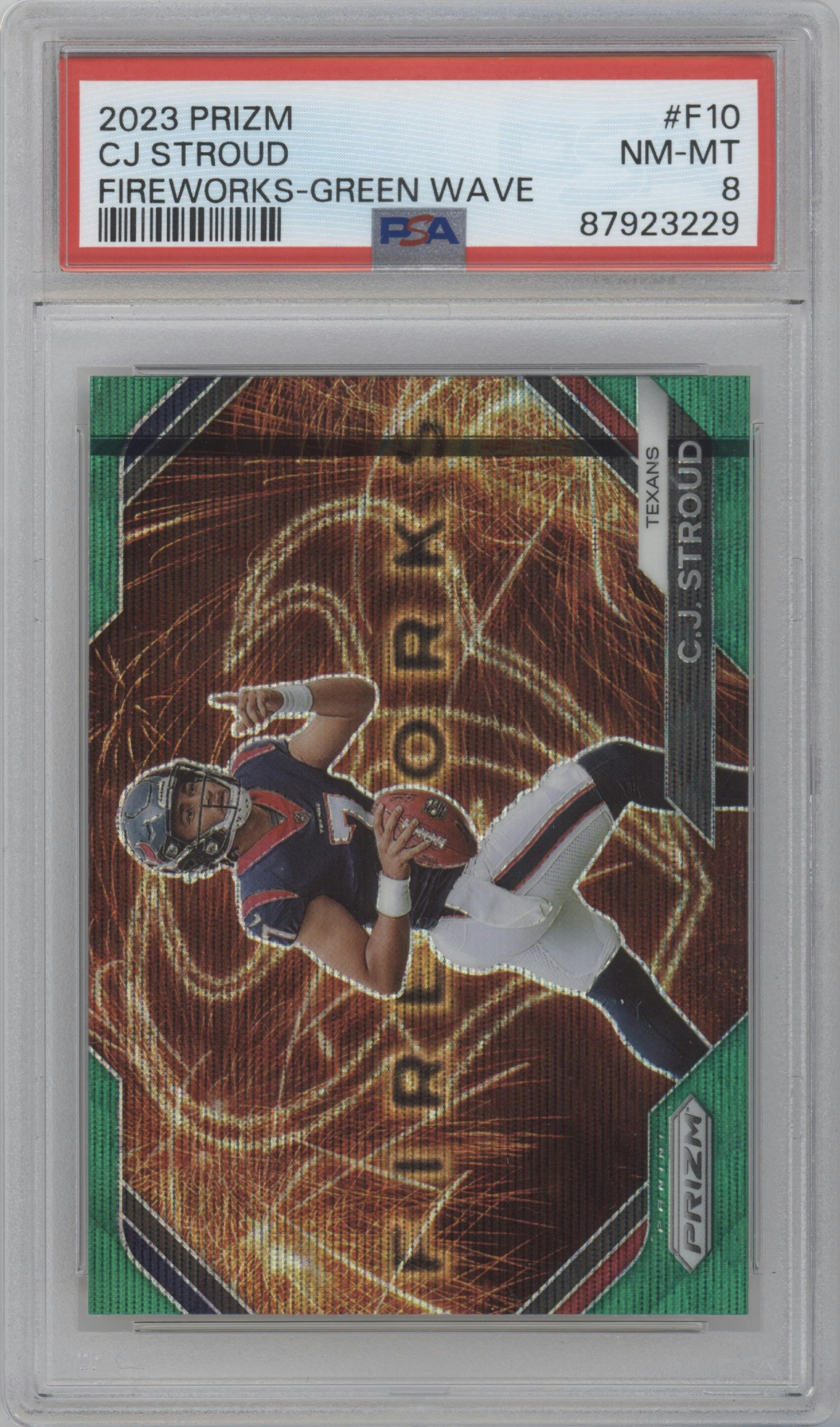 C.J. Stroud from the 2023 Panini Prizm set featuring a Green Wave parallel graded by PSA and given an overall grade of 8.