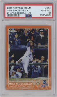 Mike Moustakas from the 2015 Topps Chrome set featuring a Orange Refractor parallel graded by PSA and given an overall grade of 10.