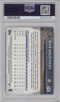 Mike Moustakas from the 2015 Topps Chrome set featuring a Orange Refractor parallel graded by PSA and given an overall grade of 10.
