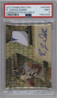 R. Joshua Dobbs from the 2017 Panini Spectra set featuring a Gold parallel graded by PSA and given an overall grade of 9.