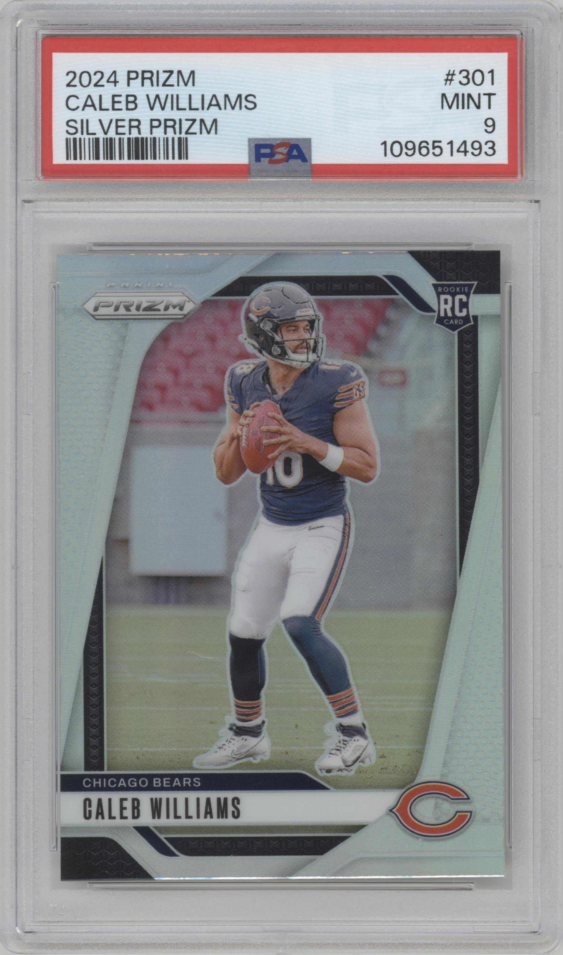 Caleb Williams from the 2024 Panini Prizm set featuring a Silver Prizm parallel graded by PSA and given an overall grade of 9.