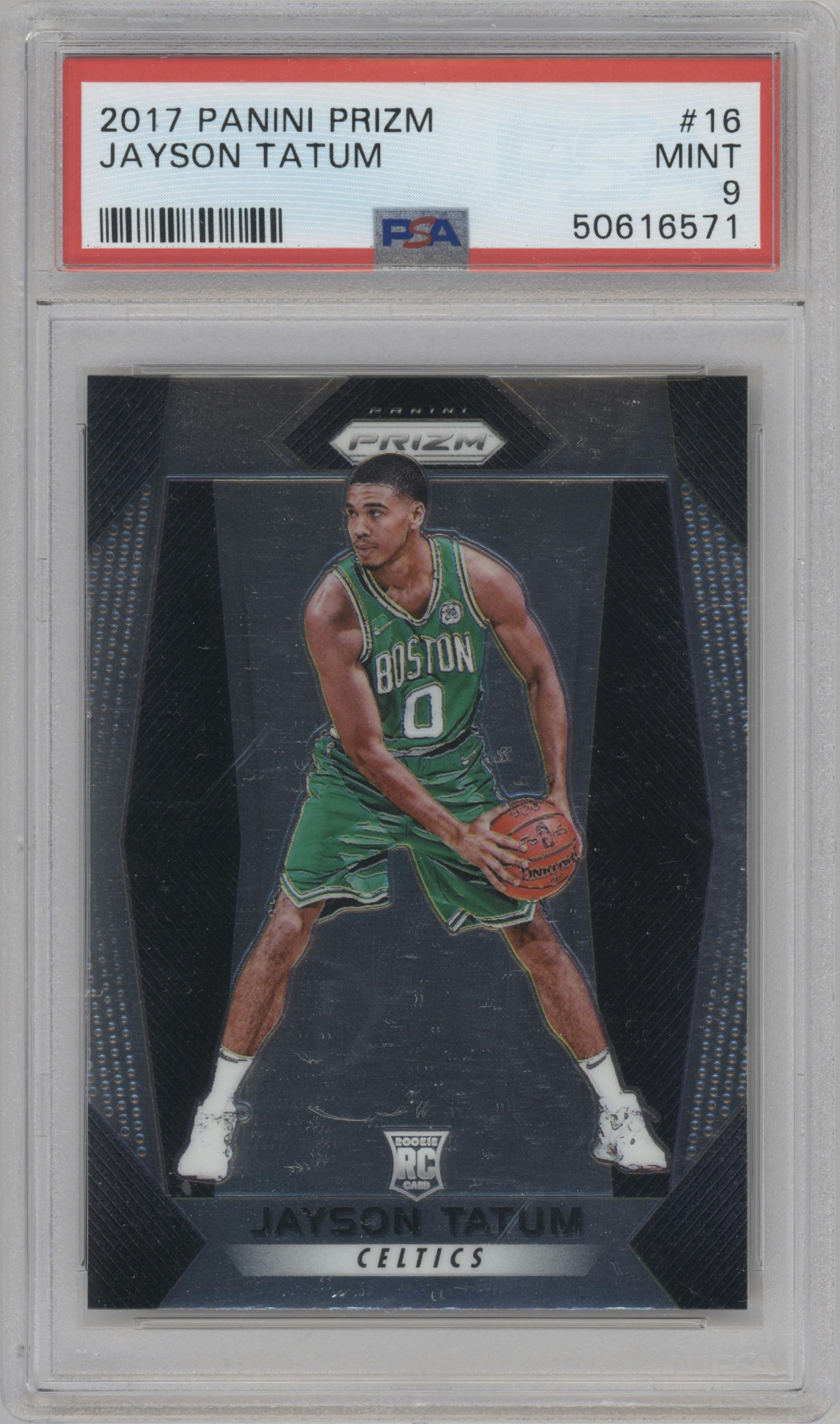 Jayson Tatum from the 2017-18 Panini Prizm  set graded by PSA and given an overall grade of 9.