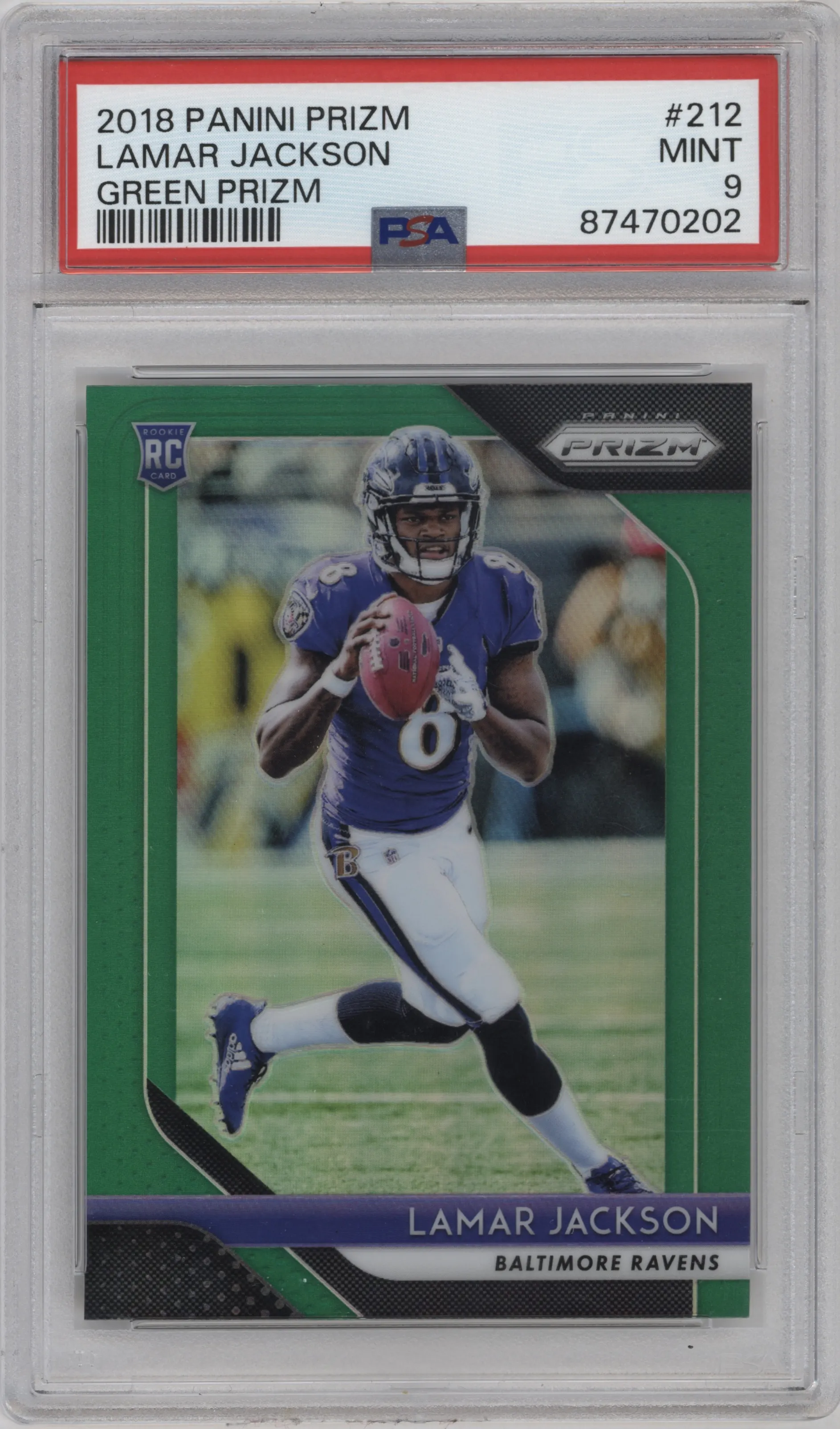 2018 Panini Prizm Lamar Jackson Green Prizm PSA 9