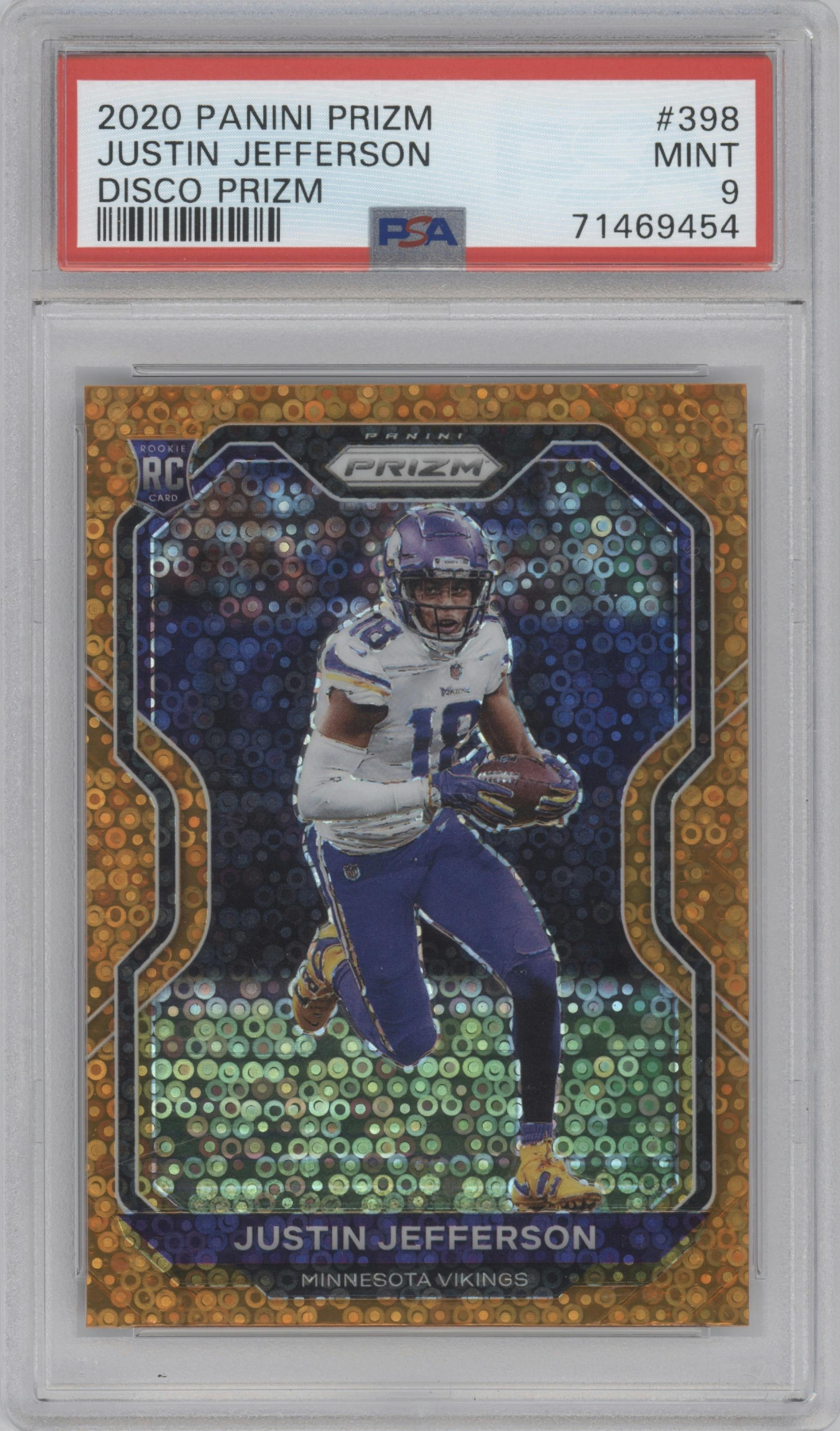 Justin Jefferson from the 2020 Panini Prizm set featuring a Disco parallel graded by PSA and given an overall grade of 9.