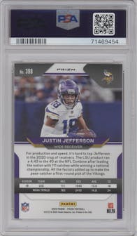 Justin Jefferson from the 2020 Panini Prizm set featuring a Disco parallel graded by PSA and given an overall grade of 9.