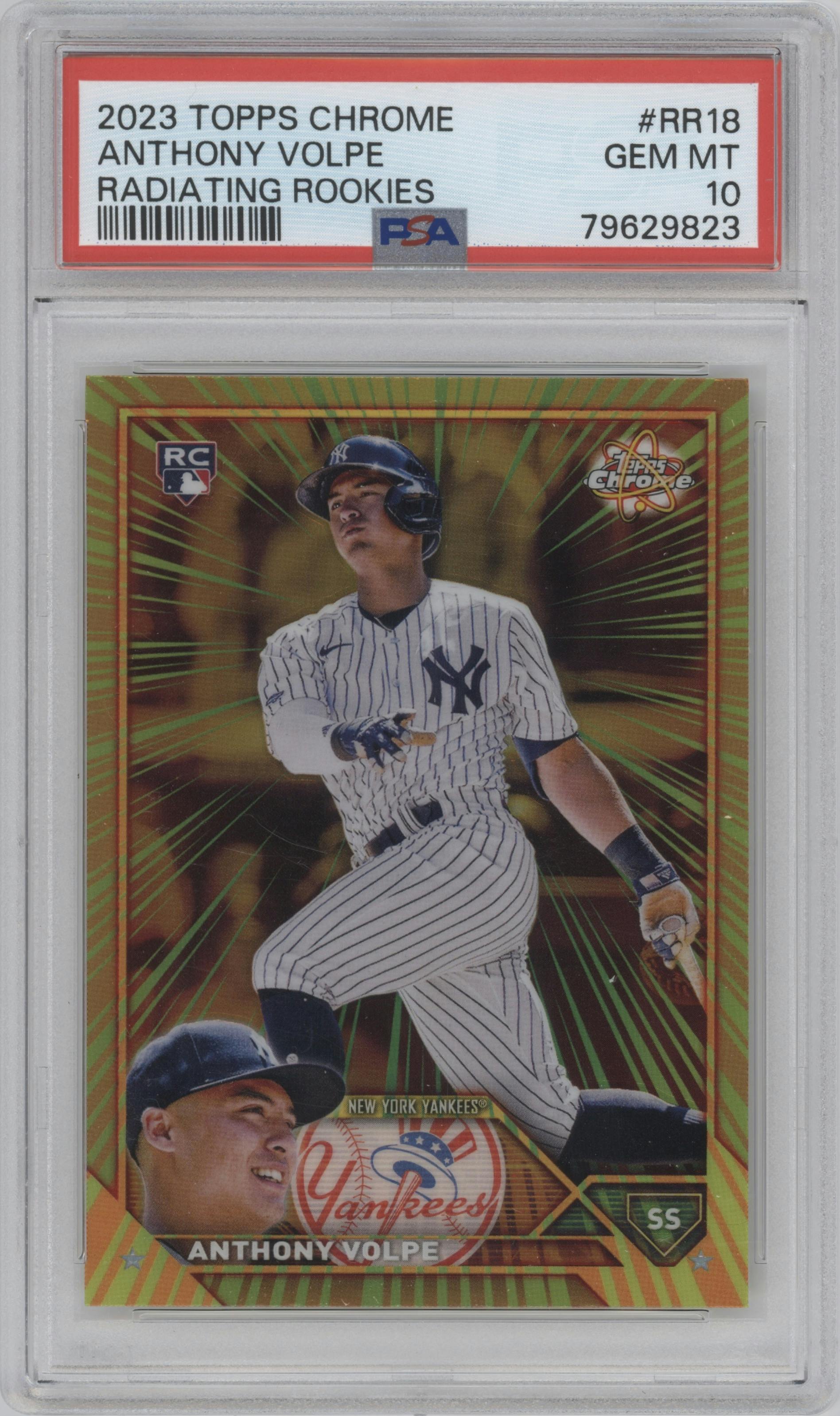 Anthony Volpe from the 2023 Topps Chrome set graded by PSA and given an overall grade of 10.