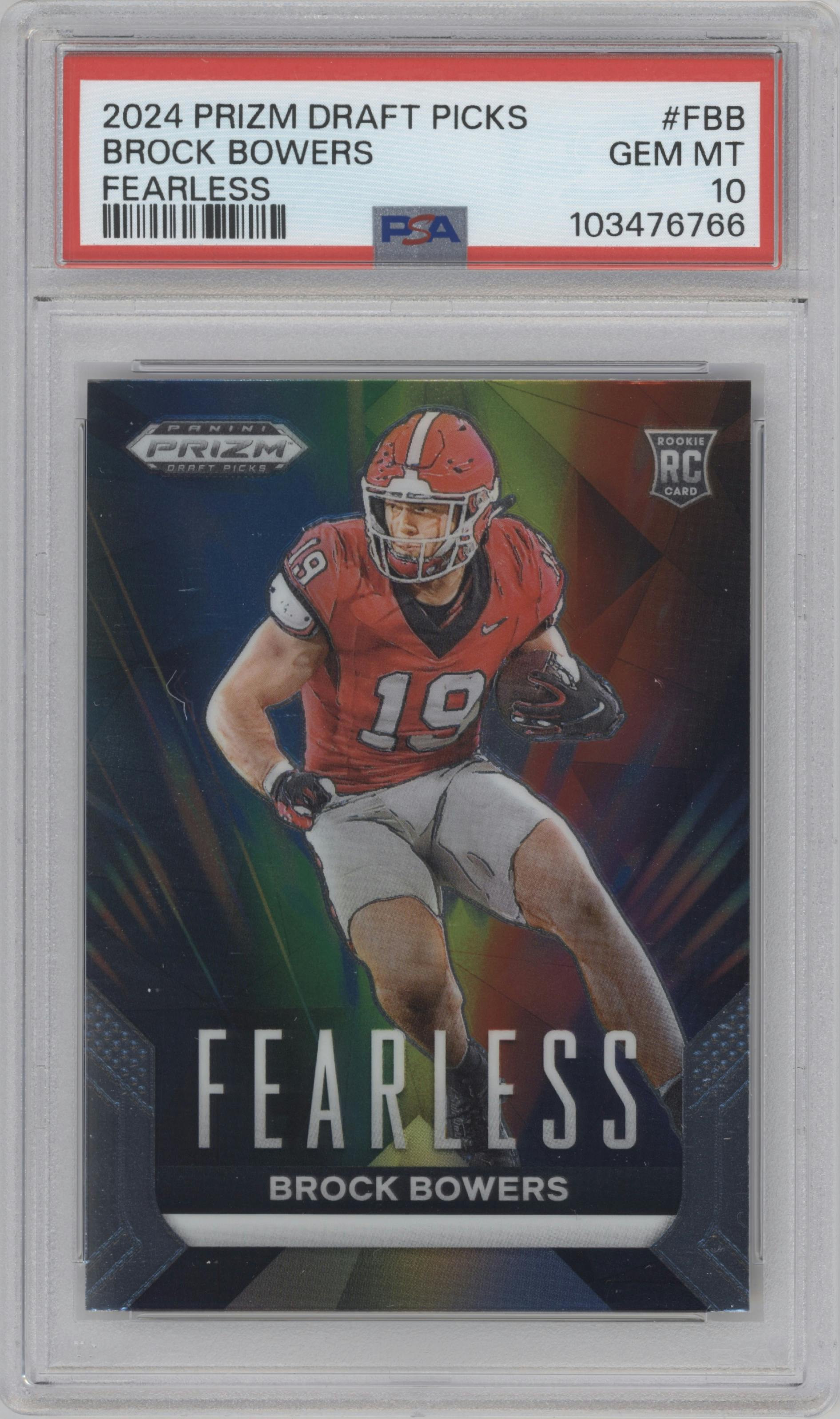 Brock Bowers  from the 2024 Panini Prizm Draft Picks set graded by PSA and given an overall grade of 10.