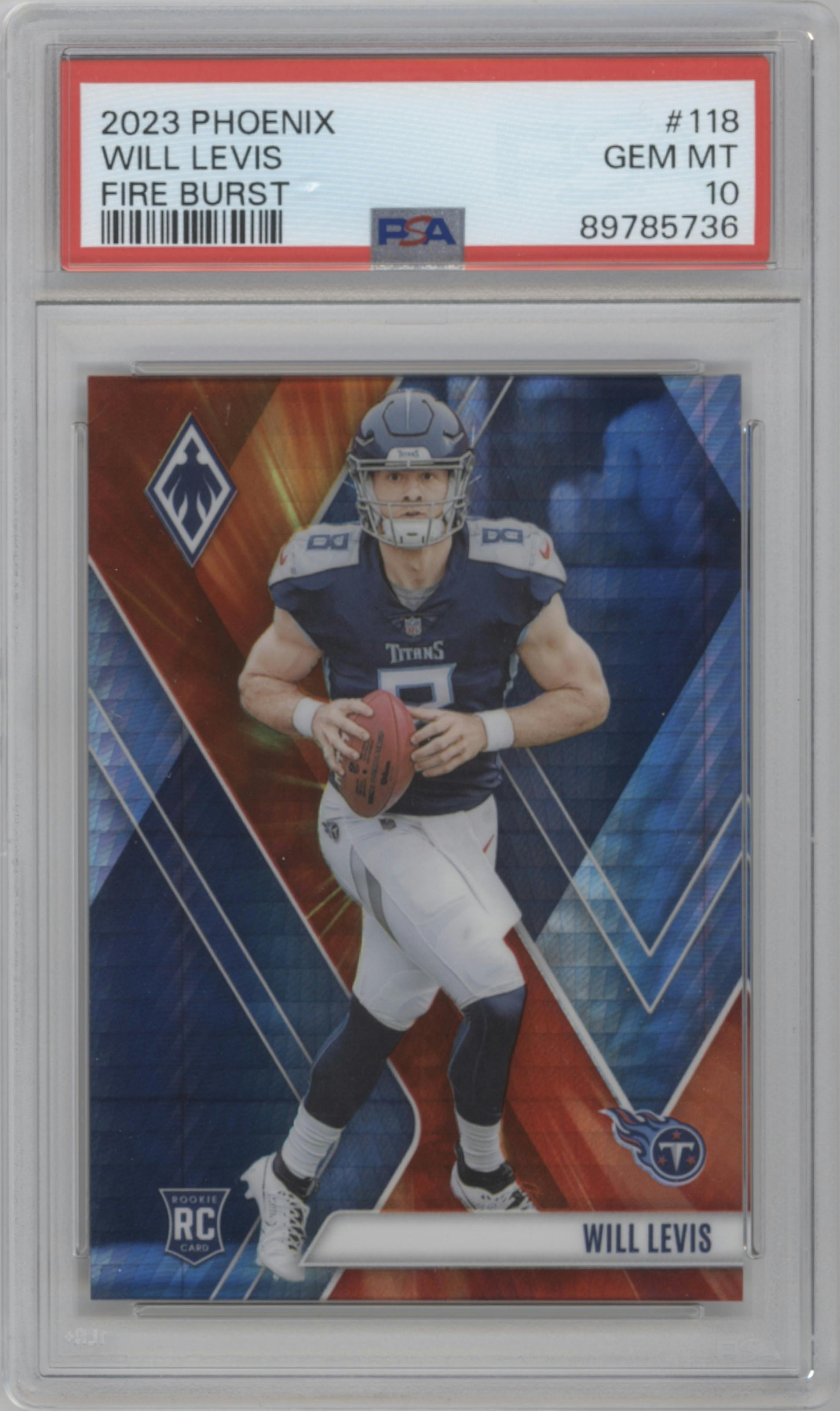 Will Levis from the 2023 Panini Phoenix set featuring a Fire Burst parallel graded by PSA and given an overall grade of 10.