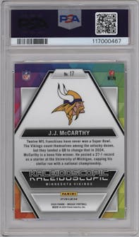 J.J. McCarthy from the 2024 Panini Mosaic set graded by PSA and given an overall grade of 10.