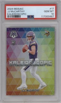 J.J. McCarthy from the 2024 Panini Mosaic set graded by PSA and given an overall grade of 10.
