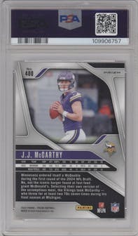 J.J. McCarthy from the 2024 Panini Prizm set featuring a Pink Prizm parallel graded by PSA and given an overall grade of 9.