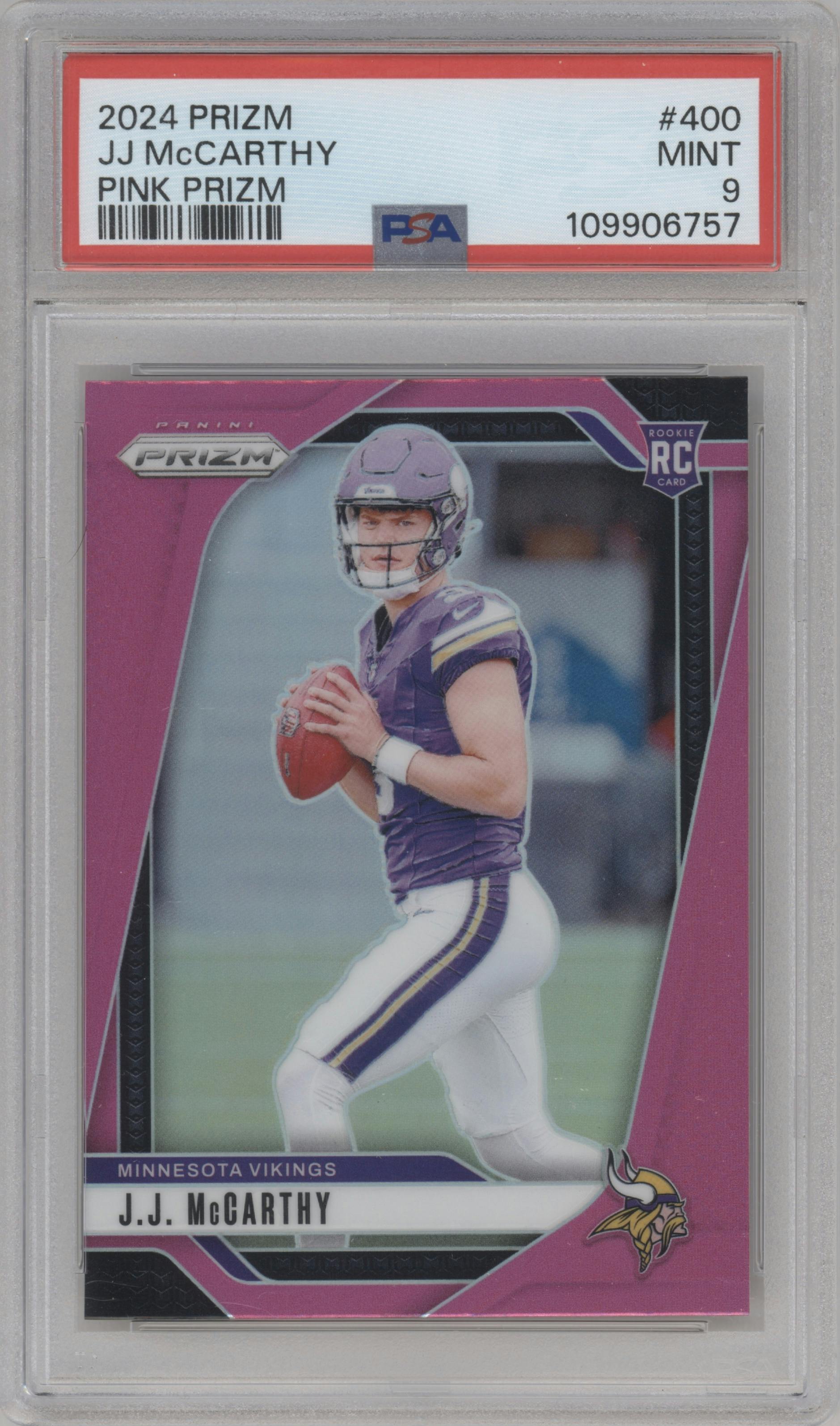 J.J. McCarthy from the 2024 Panini Prizm set featuring a Pink Prizm parallel graded by PSA and given an overall grade of 9.