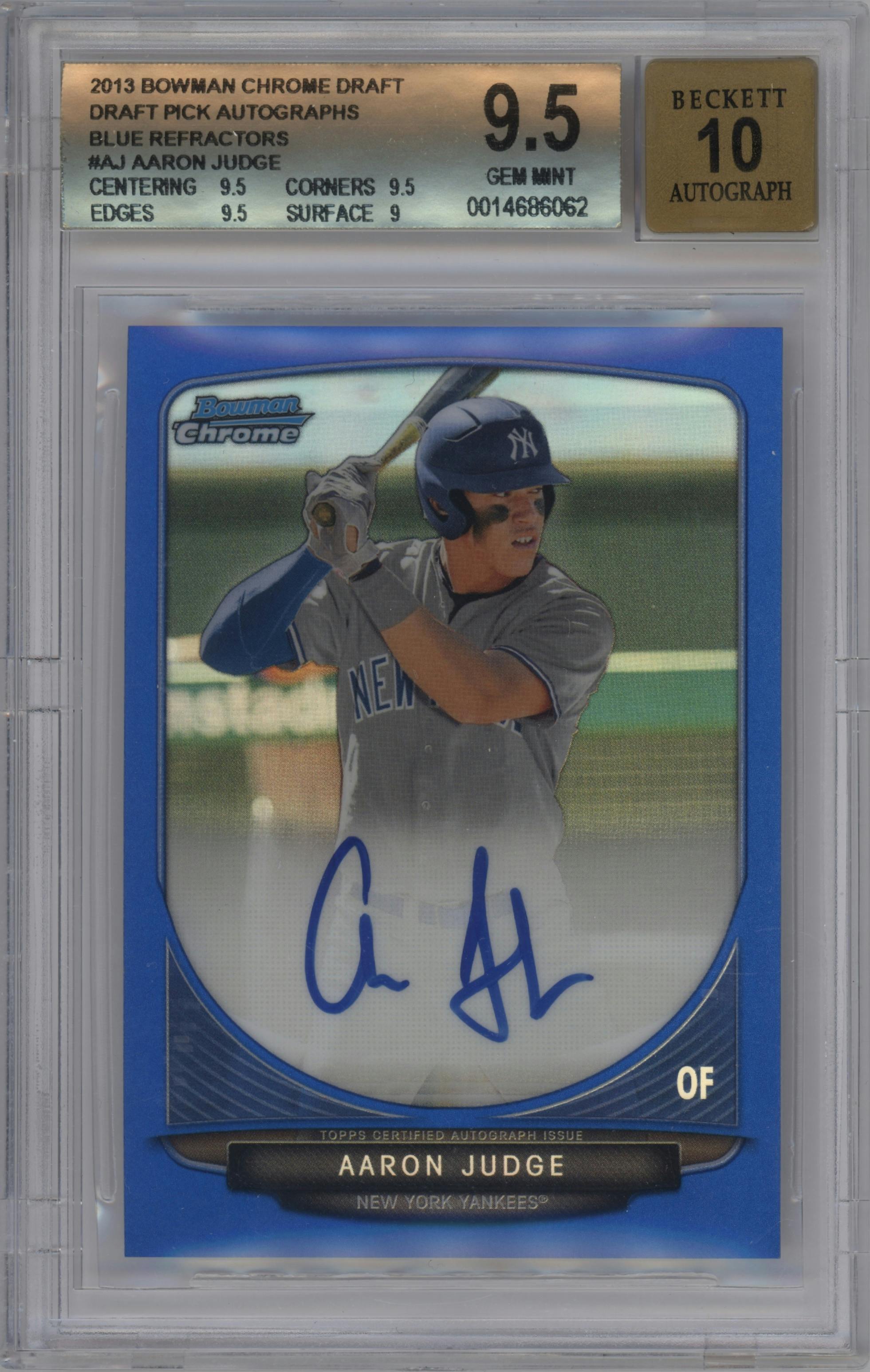 Aaron Judge from the 2013 Bowman Draft Picks & Prospects set featuring a Blue Refractor parallel graded by Beckett and given an overall grade of 9.5.