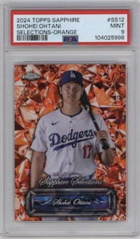 Shohei Ohtani from the 2024 Topps Chrome Sapphire set featuring a Orange parallel graded by PSA and given an overall grade of 9.