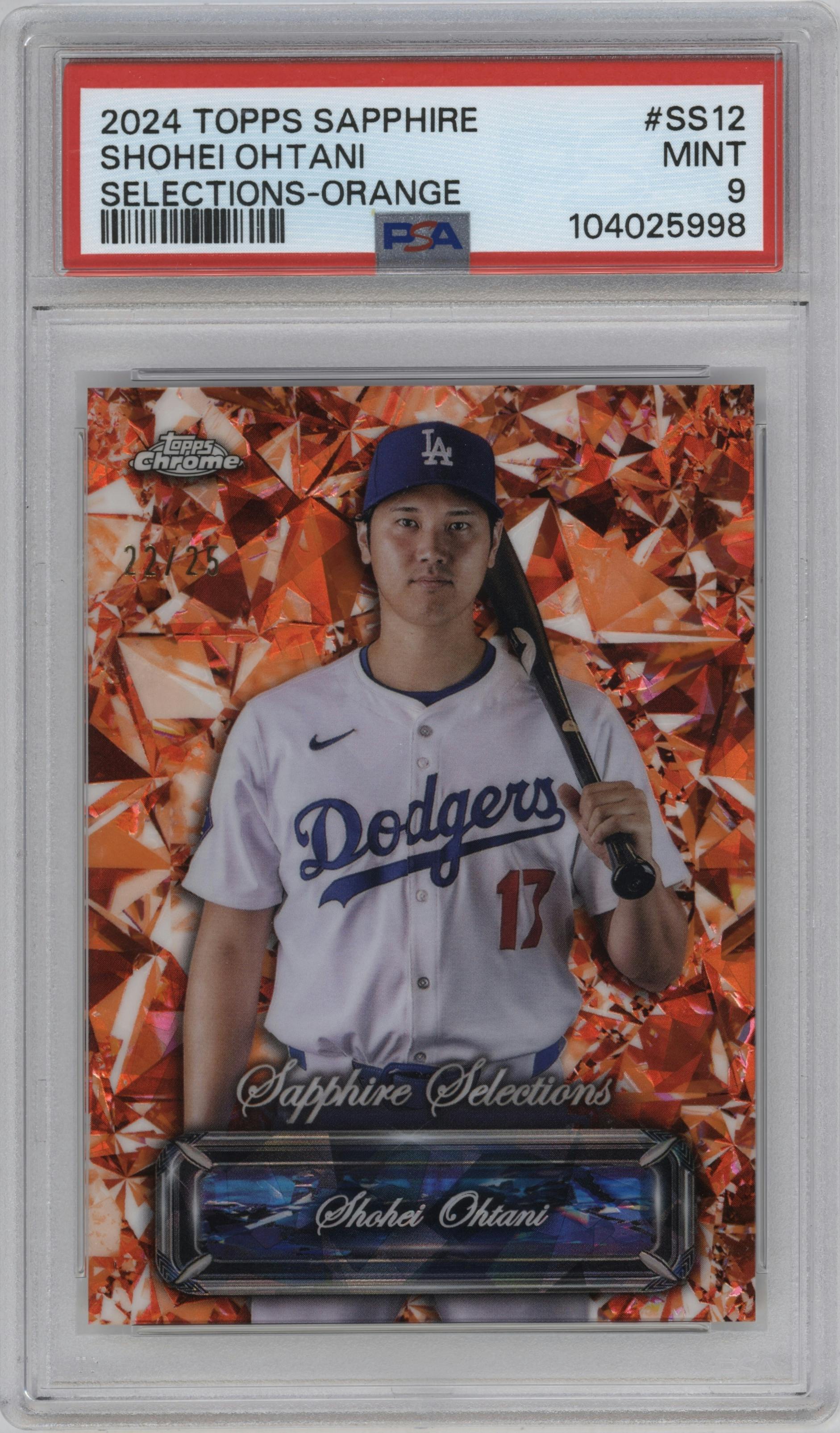 Shohei Ohtani from the 2024 Topps Chrome Sapphire set featuring a Orange parallel graded by PSA and given an overall grade of 9.