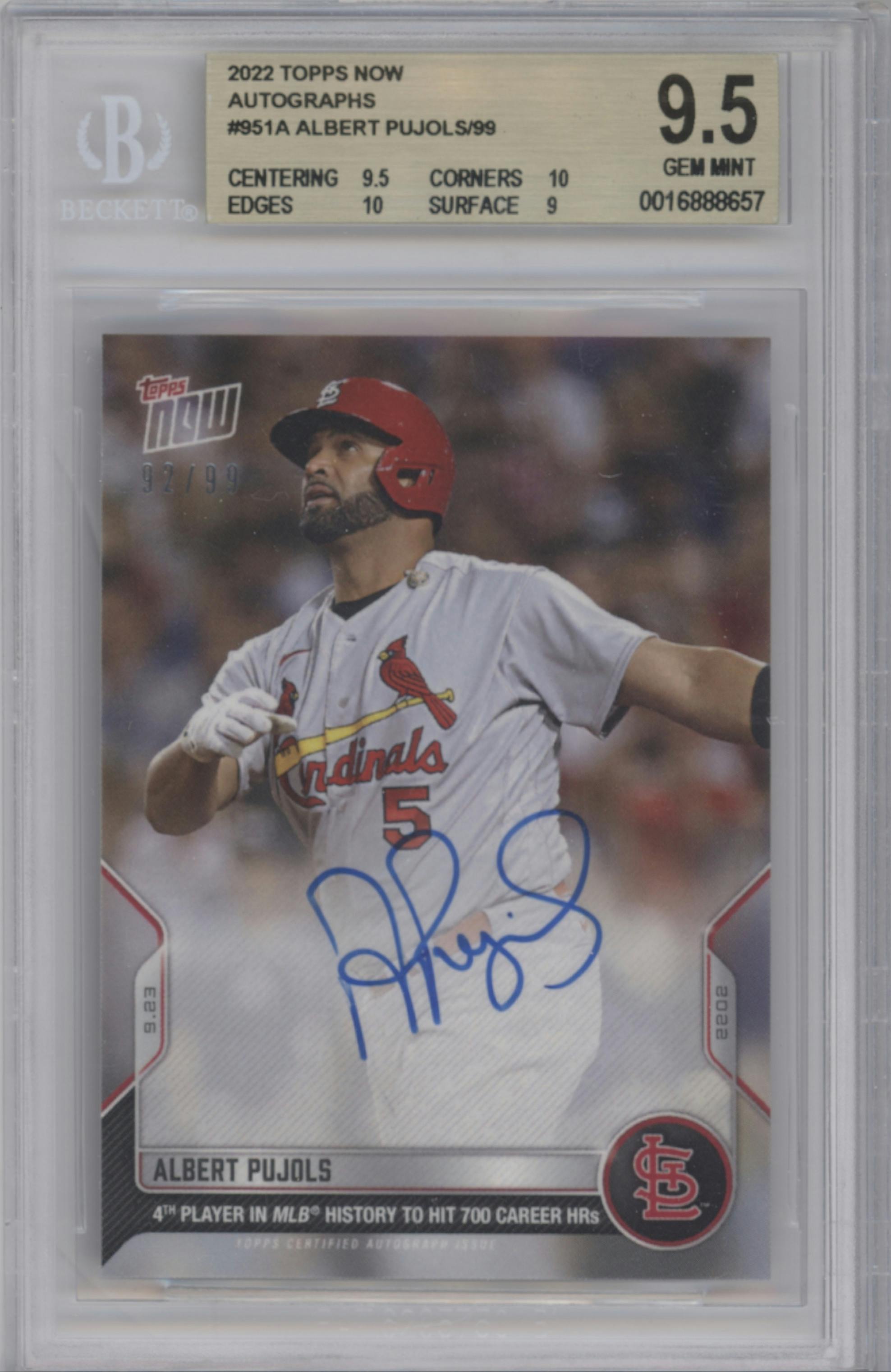 Albert Pujols  from the 2022 Topps Now set graded by Beckett and given an overall grade of 9.5.