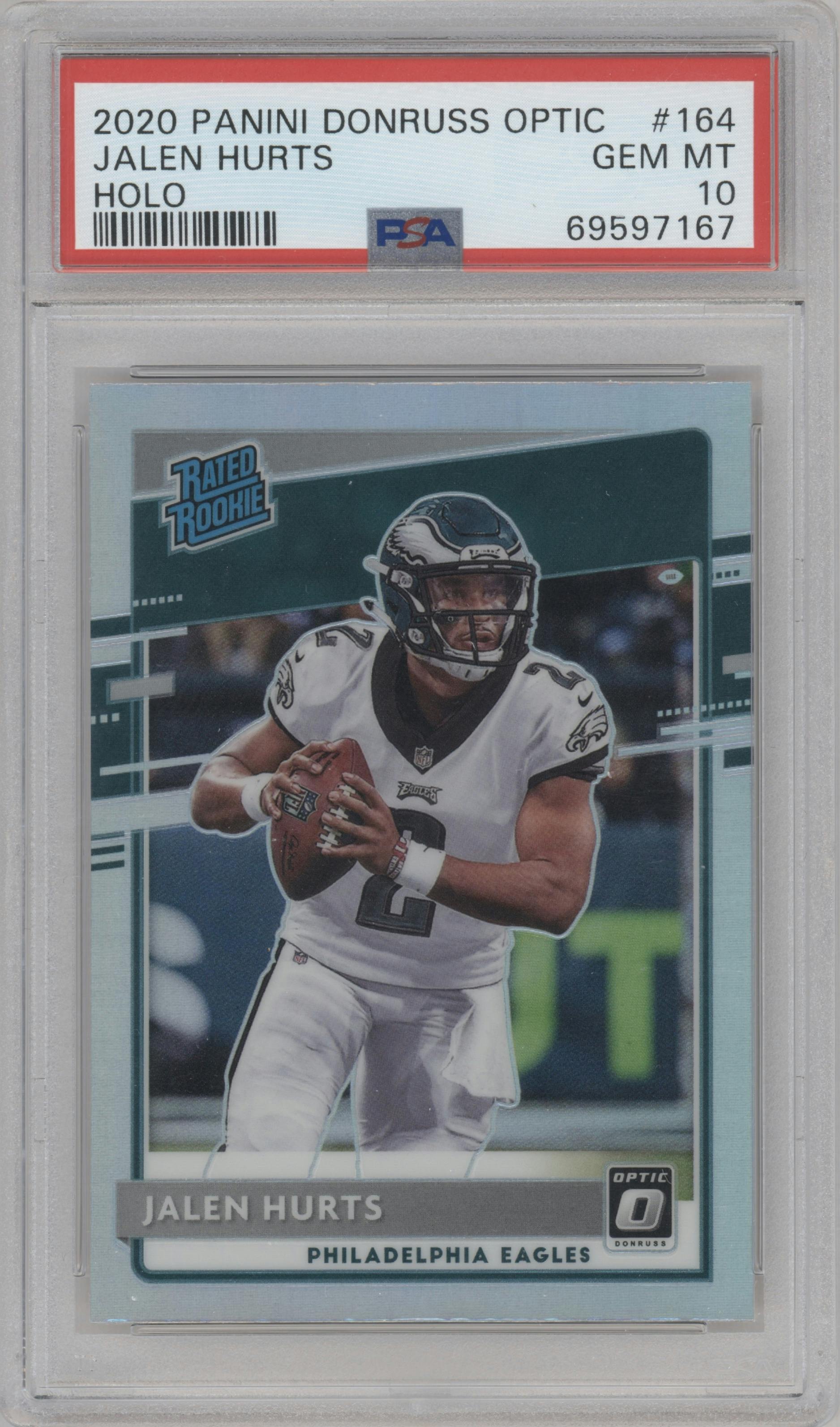 Jalen Hurts from the 2020 Panini Donruss Optic set featuring a Holo parallel graded by PSA and given an overall grade of 10.