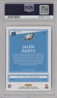 Jalen Hurts from the 2020 Panini Donruss Optic set featuring a Holo parallel graded by PSA and given an overall grade of 10.