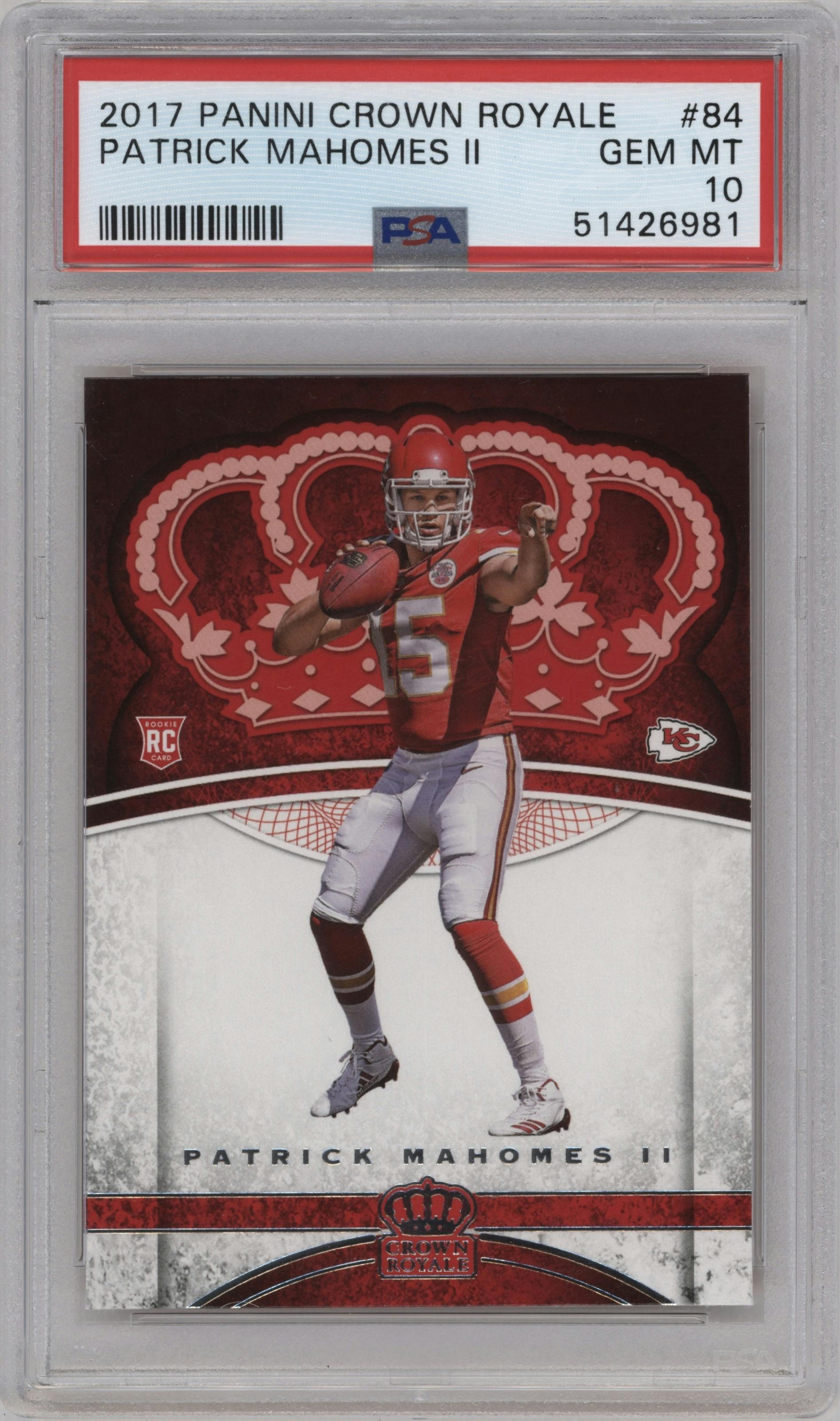 Patrick Mahomes II from the 2017 Panini Crown Royale set graded by PSA and given an overall grade of 10.