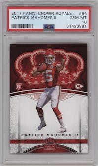Patrick Mahomes II from the 2017 Panini Crown Royale set graded by PSA and given an overall grade of 10.