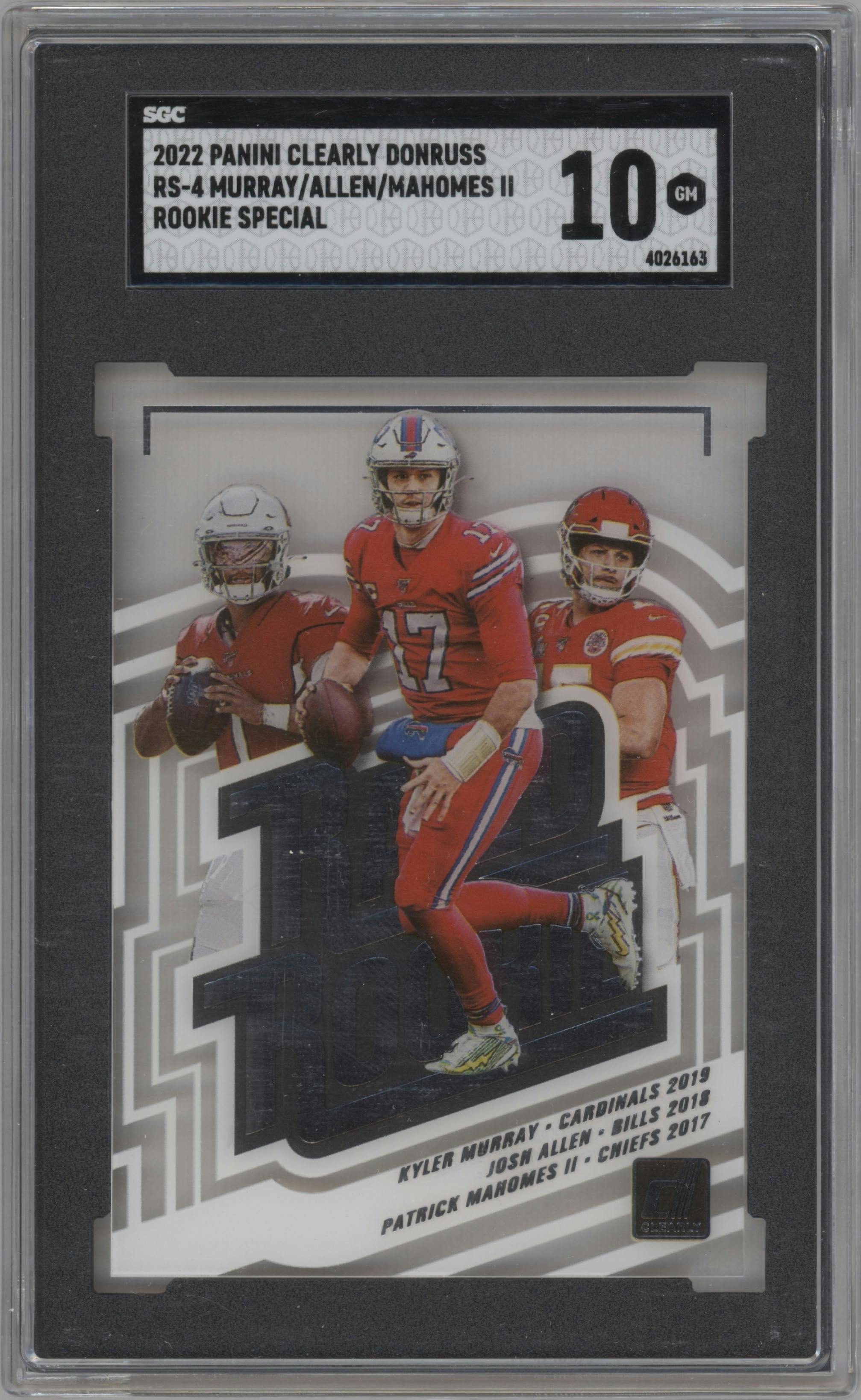 Kyler Murray/Josh Allen/Patrick Mahomes II from the 2022 Clearly Donruss set graded by SGC and given an overall grade of 10.