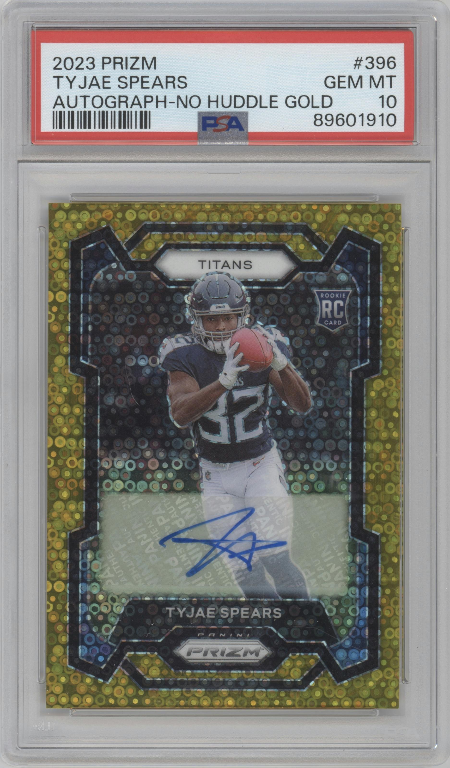 Tyjae Spears from the 2023 Panini Prizm set featuring a No Huddle Gold parallel graded by PSA and given an overall grade of 10.