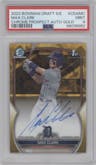 Max Clark from the 2023 Bowman Draft Sapphire set featuring a Gold parallel graded by PSA and given an overall grade of 9.