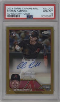 Corbin Carroll from the 2023 Topps Chrome Update set featuring a Gold Refractor parallel graded by PSA and given an overall grade of 10.
